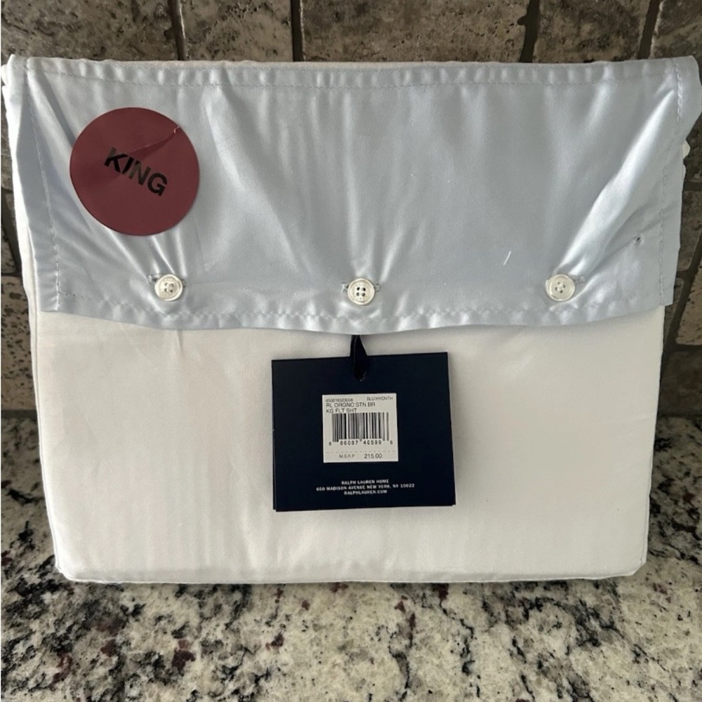 Ralph Lauren Organic Sateen Border King Flat Sheet Blue Hyacinth - NWT $215